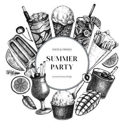 Summer party banner. Non-alcoholic beverage, mocktail, ice cream, fruit, cocktail sketches. Hand drawn vector illustration. Summer food and drinks. Vintage bar menu. Tropical design